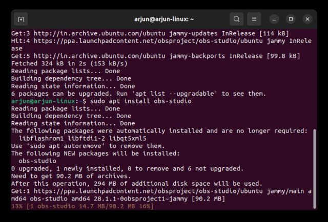 Registrieren Sie den Ubuntu-Speicher mit OBS Studio