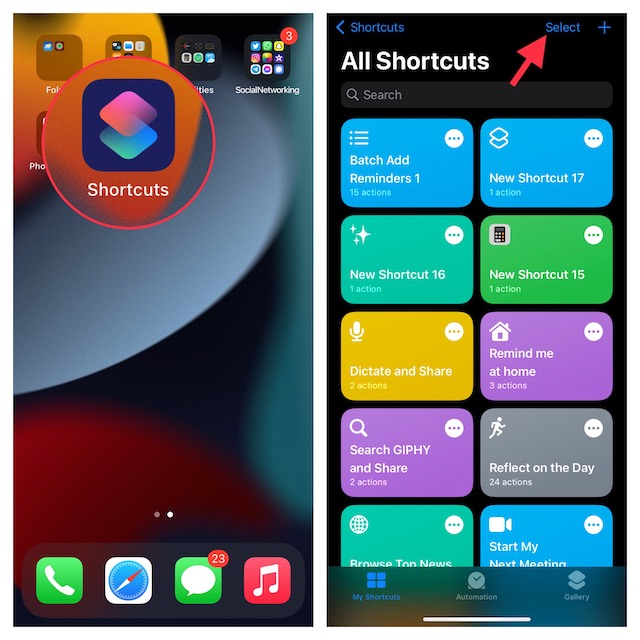 Appuyez sur Sélectionner dans l'application Apple Shortcuts sur iPhone et iPad