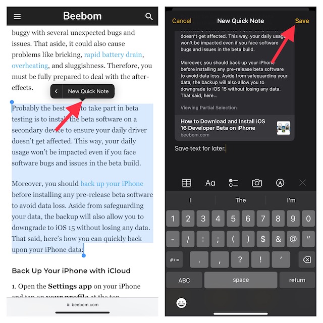Nutzen Sie Quick Note, um Texte auf dem iPhone zu registrieren