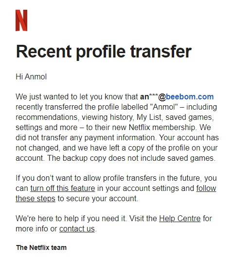 Benachrichtigung über die Übertragung des Netflix-Profils an den Eigentümer des Unternehmens
