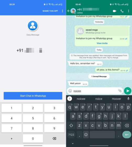 envoyer un message WhatsApp sans enregistrer le contact - en utilisant l'application