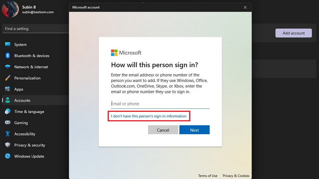 Melden Sie sich an, um eine Einladung ohne MSFT-Konto unter Windows 11 zu erhalten