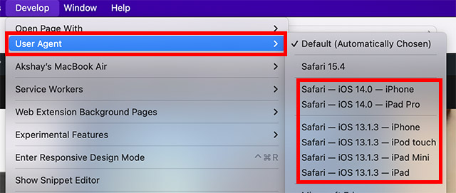passer au site Web mobile dans safari mac pour débloquer les sites Web